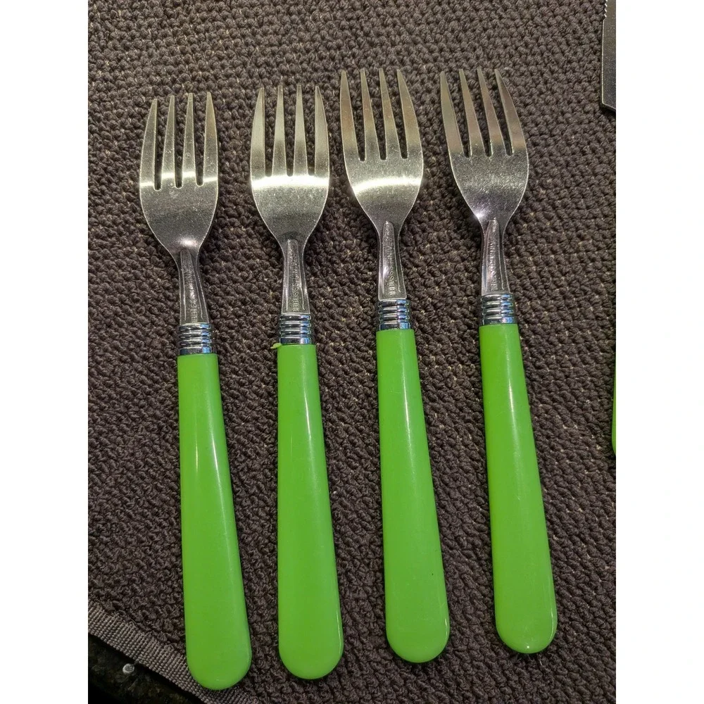 16-Pc Stainless Steel Flatware Set Lime Green Triple-Ring Bolster Handles